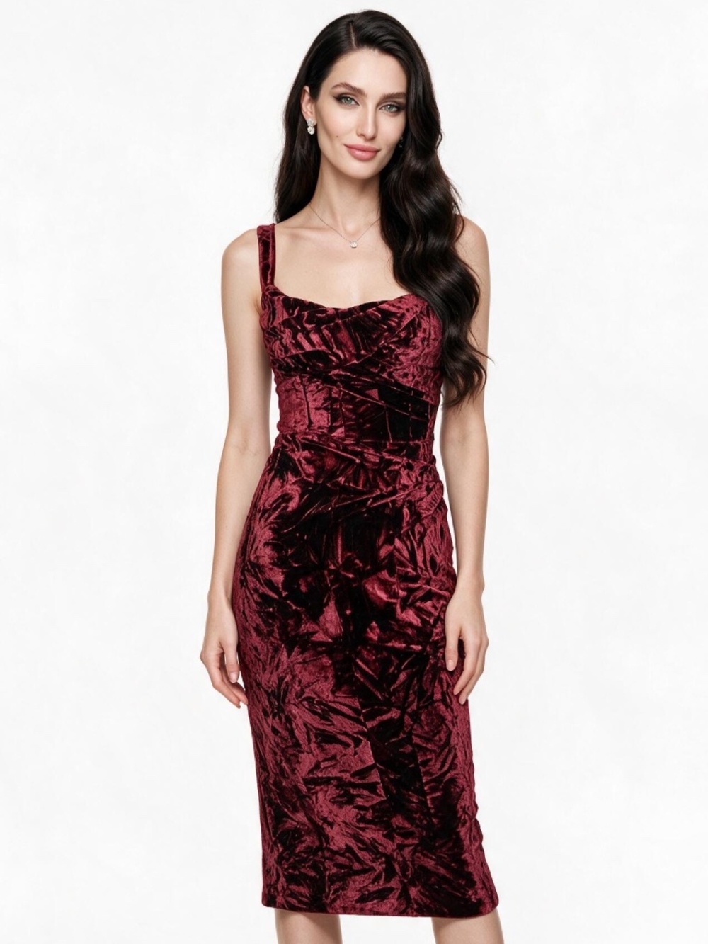 RARE Tatyana Burgundy Crushed Velvet Stretch Pinup Pencil Bodycon Midi Dress XS
